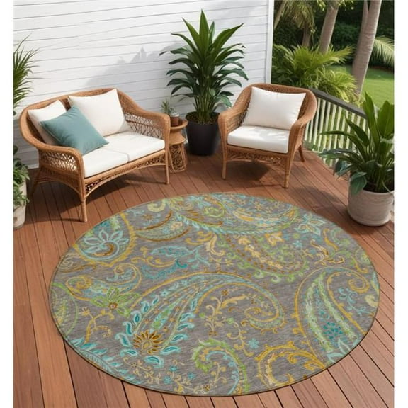 HomeRoots 561460 8 ft. Round Taupe Round Paisley Washable Non Skid Indoor Outdoor Machine Woven Area Rug