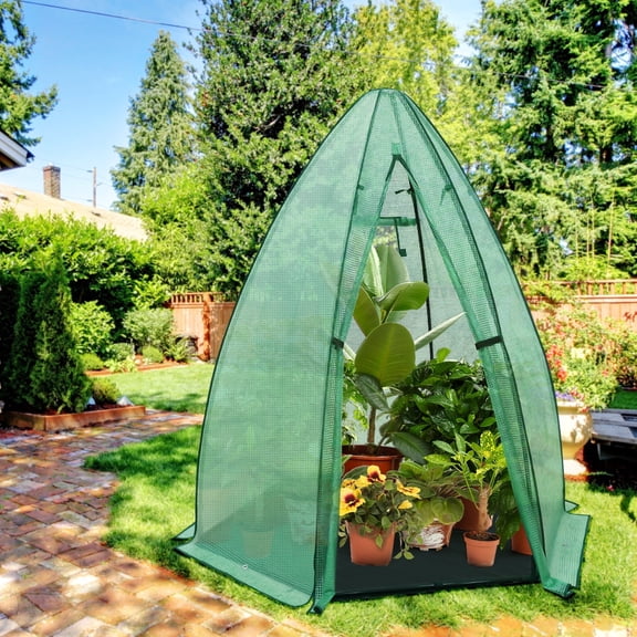 EAGLE PEAK 63'' x 63'' x 72'' Portable Mini Hexagon Greenhouse with PE Cover, Roll-up Zippered Door & Mesh Windows, Ground Mat, Green