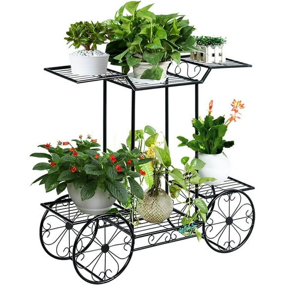 PINDEE 6-Tier Plant Stand Flower Pot Holder Metal Flower Display Shelf with 4 Decorative Wheels Multilayer Parisian Style Plant Pot Holder Rack for Indoor,Black