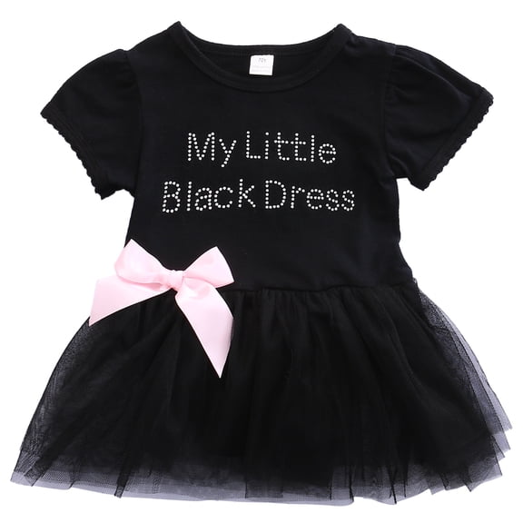 BemeyourBBs Newborn Baby Girl Summer Tutu Dress Romper Baptism Birthday Clothes My Little Black Dress Letter Print Short Sleeve Mesh Stitching Bowknot Princess Dress