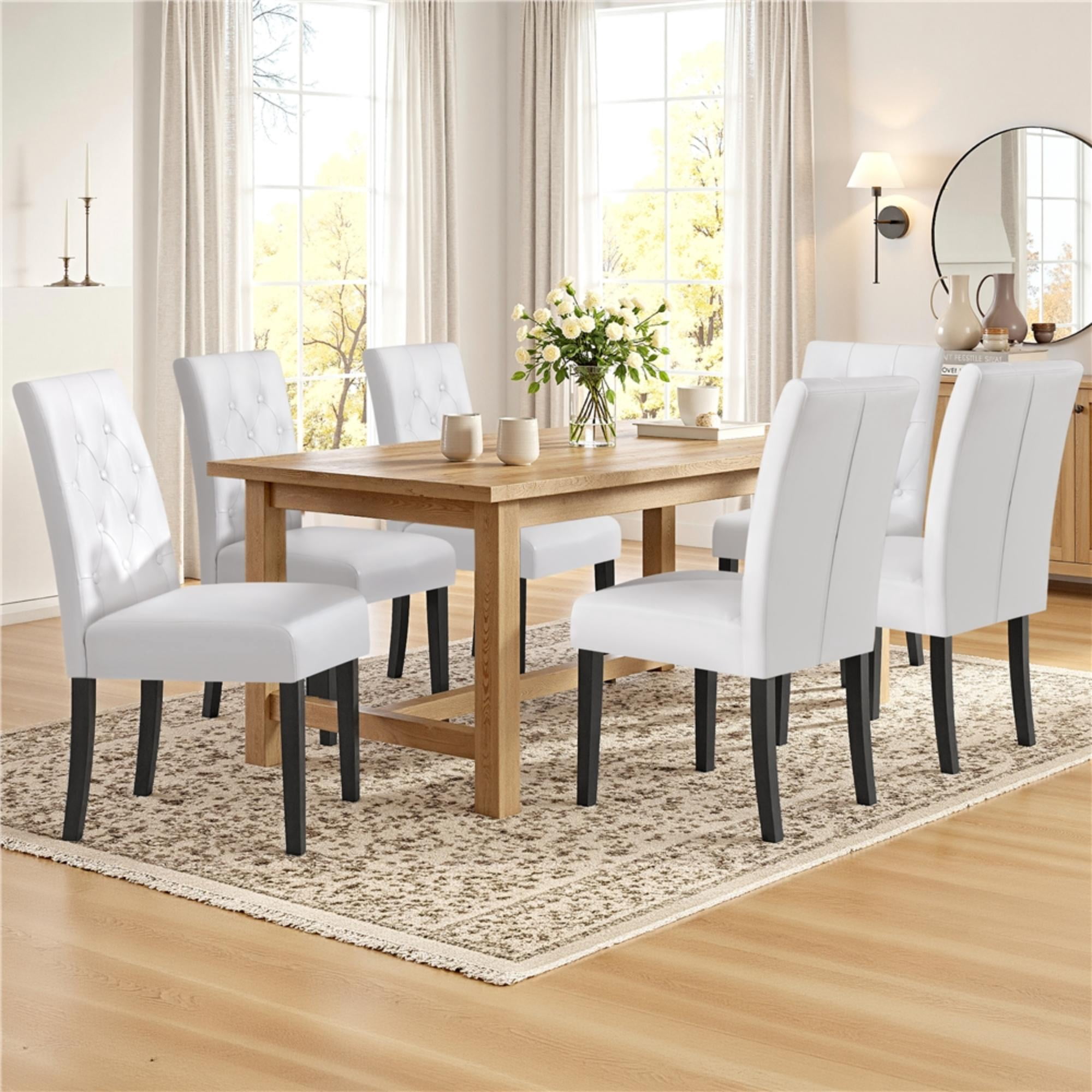 Alden DesignTufted Faux Leather Dining Chairs with Wood Legs for Kitchen, Set of 6, White