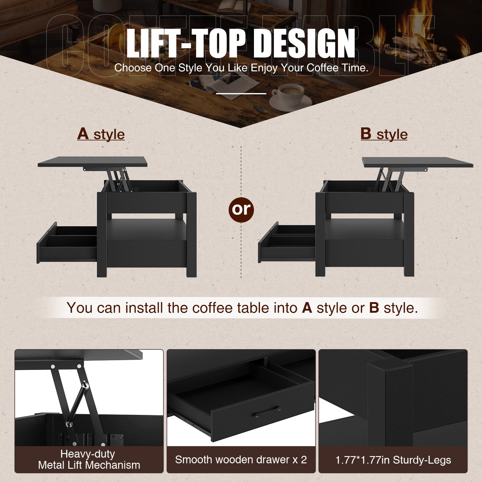 Greenstell Coffee Table, 41.7" Lift Top Coffee Table with Drawers and Hidden Compartment, Black