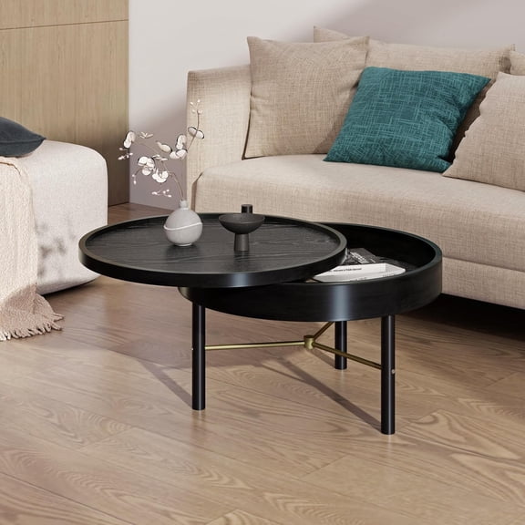 Modern Round Coffee Table with Hidden Storage, Center Table Cocktail Table Tea Table with Swivel Tabletop, Wood Rotating Tray Coffee Table with Metal Legs for Living Room (Black)