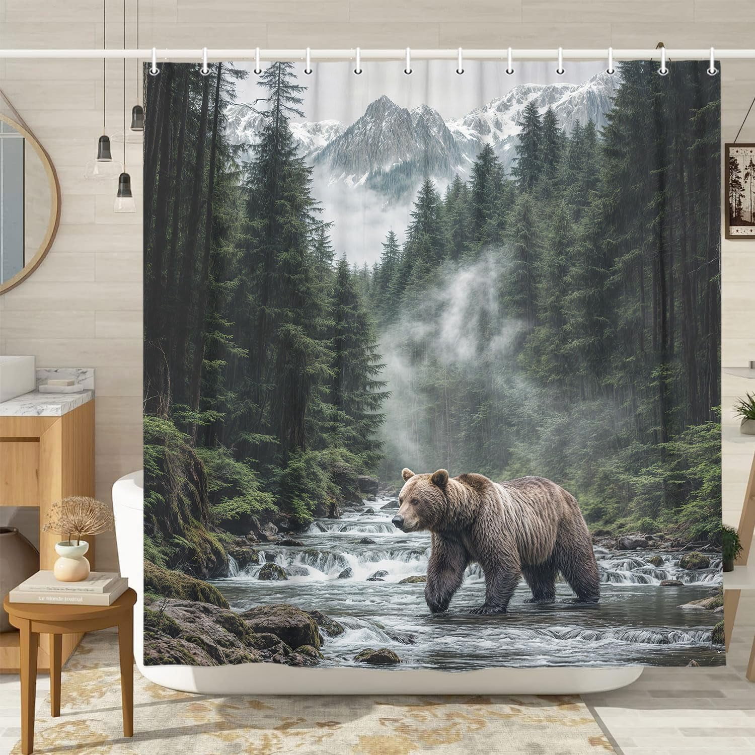 Wathon Mountain Creek Shower Curtain with Bear, Rustic Nature Landscape Woodland Wildlife Bath Curtain Country Forest Natural Scenery Outdoors Adventure Explore Bathroom Decor Set with Hooks 70X75IN