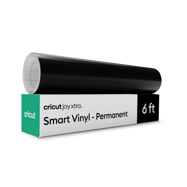 Cricut Joy Xtra™ Smart Vinyl™ Matless Permanent Vinyl roll in black, 9.5 inches by 6 feet, shown on its white and green packaging with brand and product details, featuring a matte finish and designed for weather- and fade-resistant craft projects without a cutting mat, suitable for personalized decals and outdoor signs.