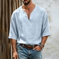 thumbnail image 2 of FRSASU Mens Linen Shirts Loose Fit Long Sleeve Basic T-Shirt Solid V Neck Hippie Yoga Pullover Tops Sky Blue, 2 of 7