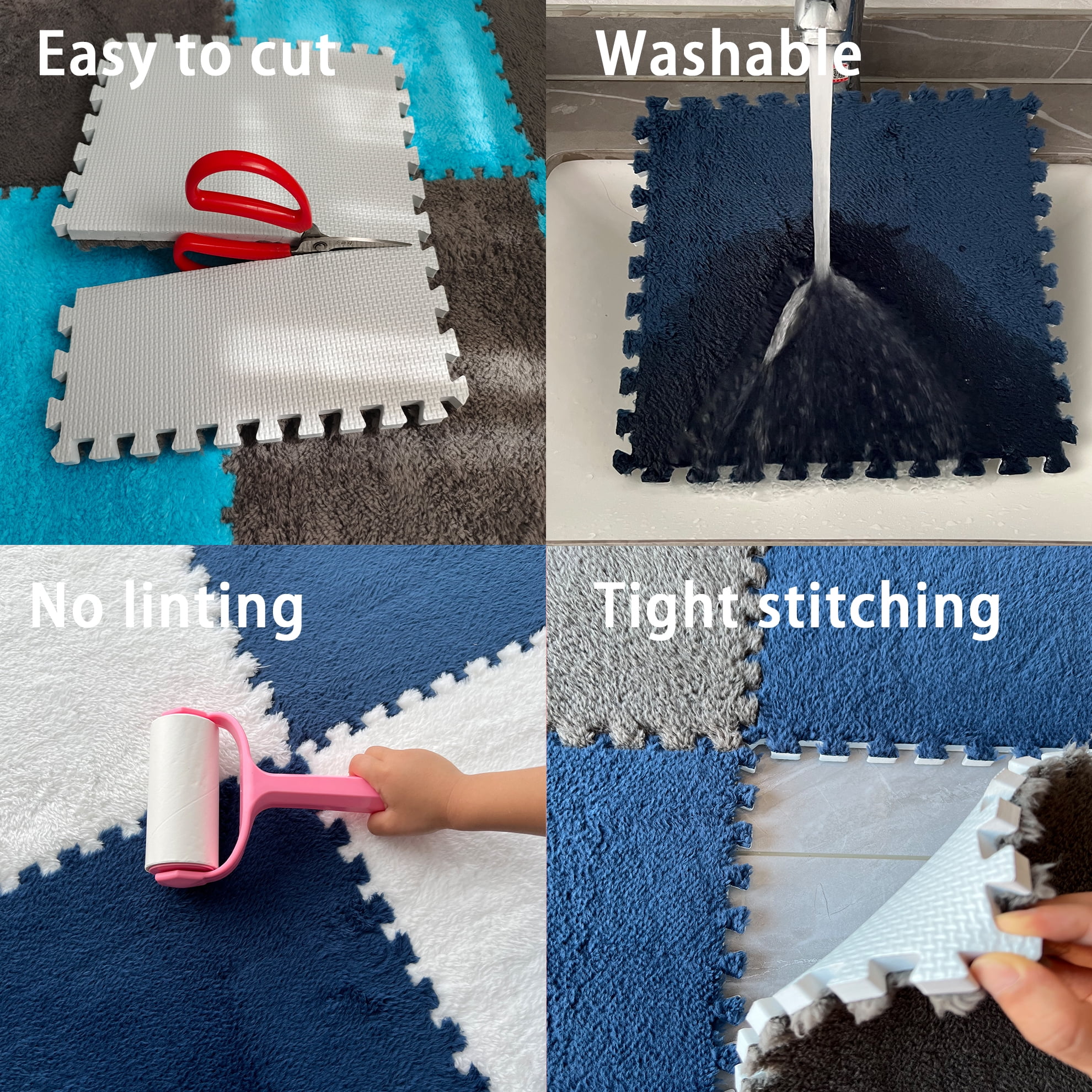 Interlocking Carpet Shaggy Soft EVA Foam Mats Fluffy Square Thickened Plush Tiles Protective Floor Tiles Exercise Play Mat for Children Kids Room Home Parlor Bedroom (Grey, 12 Pcs)