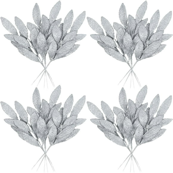 Nvzi 24 Pcs Silver Christmas Decor, Fake Gold Leaf Magnolia Leaves Glitter Stems Tree