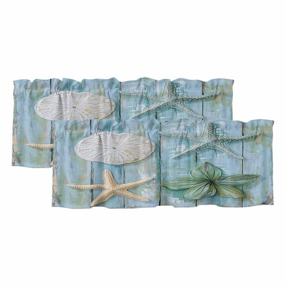 2 Pack Coral Starfish Valance for Window Ocean Wood Grain Kitchen Valance Rod Pocket Short Curtain Topper Decorative Window Treatment for Living Room Bedroom 60"x18"