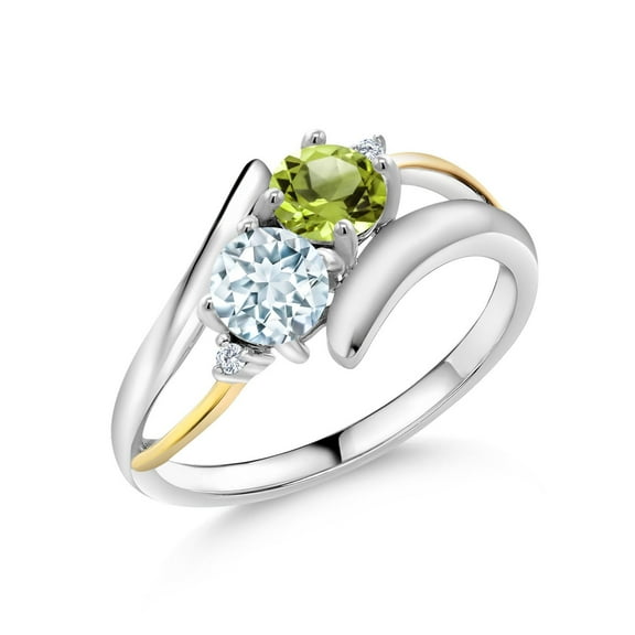 Gem Stone King 1.07 Cttw Green Peridot and Sky Blue Aquamarine 925 Silver and 10K Yellow Gold Ring for Women | Round 5MM | Gemstone Birthstone (Size 5)