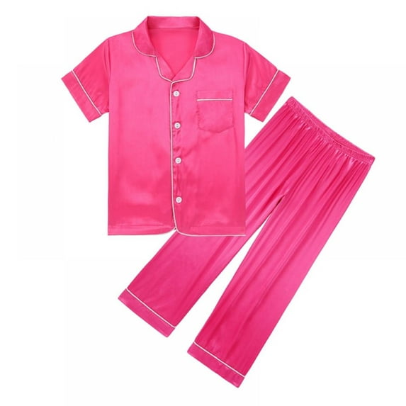 Little Girl Imitate Silk Pajamas Set,Short Sleeve Tops+Pants Sleepwear Suit,5-14Y