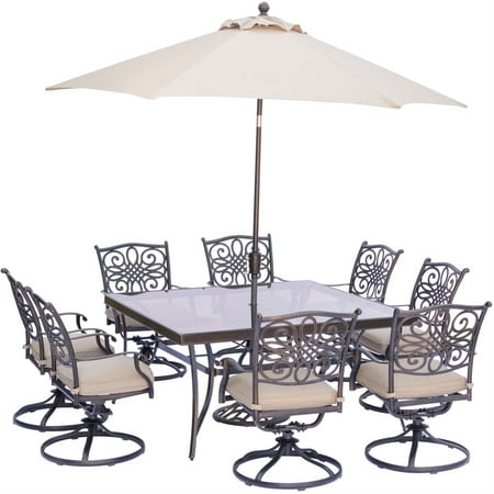 Hanover Traditions 9-Piece Rust-Free Aluminum Outdoor Patio Dining Set with Tan Cushions 8 Swivel Rockers and Tempered Glass Square Dining Table with Umbrella TRADDN9PCSWSQG-SU