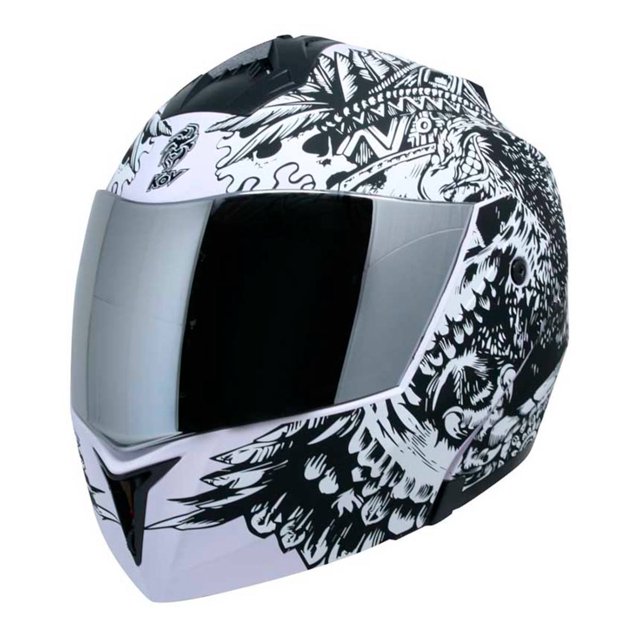 casco abatible para moto kov stealth zapata blanco talla m casco KOV Stealth Zapata color blanco con gráfico de cobra y alas en negro, visera espejada plateada, vista 3/4 frontal que muestra la barbilla abatible, ventilaciones superiores y acabado brillante; apto también para almacenamiento en ganchos o estantes.