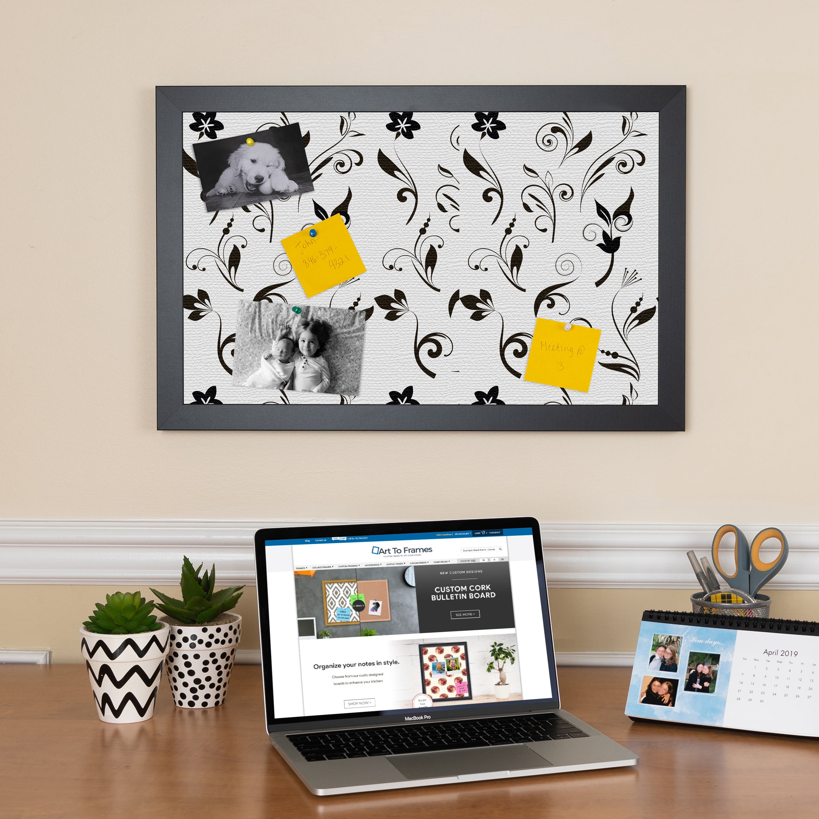 PinPix 19x13 Custom Cork Bulletin Board Floral Black Flower Poster Board Has a Fabric Style Canvas Finish, Framed in Floral Black Flower, by ArtToFrames (PinPix-123)