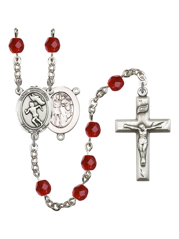 St Silver Finish St Gift Boxed and 1 3/8 x 3/4 inch Crucifix Sebastian-Swimming Center Sebastian-Swimming Rosary with 6mm Amethyst Color Fire Polished Beads 