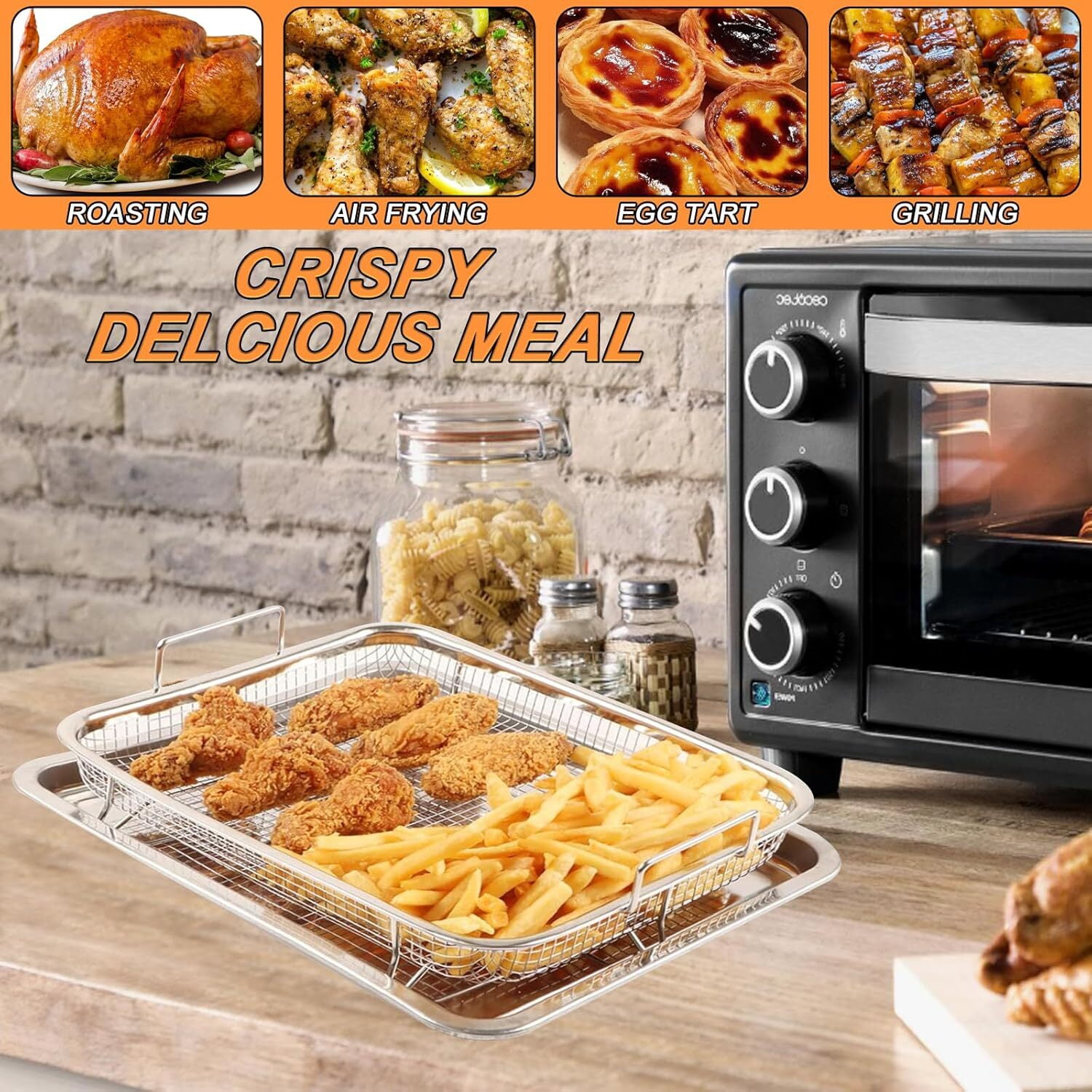 Air Fryer Basket, Air Fryer Tray for Oven, 11"x11" Copper Non-Stick Air Fryer Basket for Oven with Mesh Crisping Grill Basket Tray Bakeware Air Fryer Accessories (2pcs)