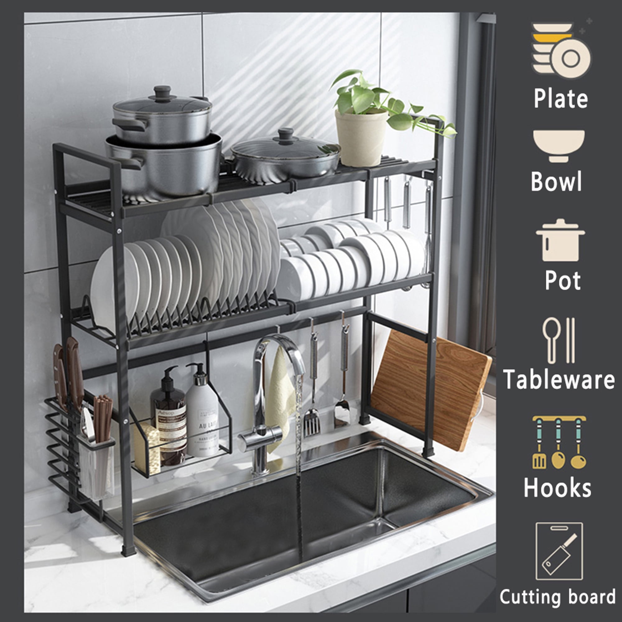 2Tier Over the Sink Dish Drying Rack, Dishes Drainer Shelf with