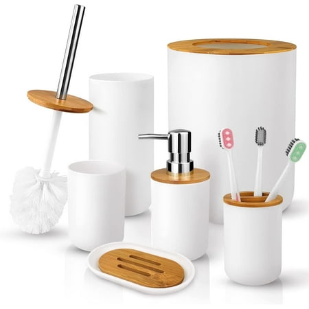 Livhil 6 Pcs Bamboo and Plastic Bathroom Accessories Sets White