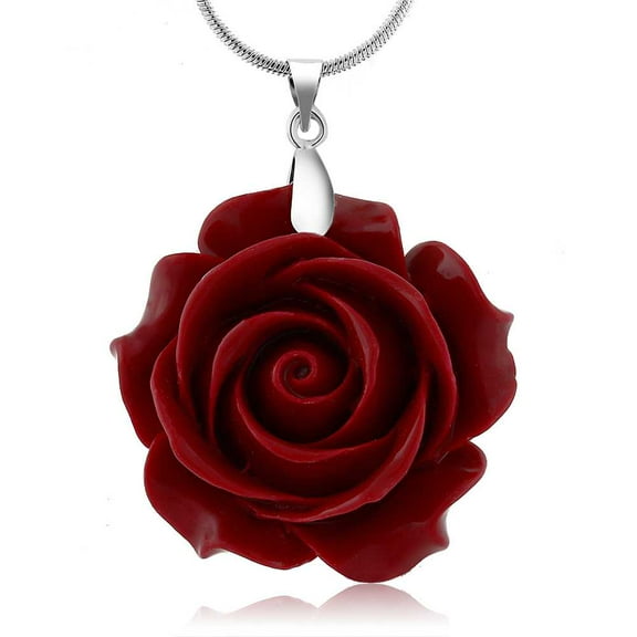 Gem Stone King 35mm Red Simulated Coral Carved Rose Flower Pendant With 16 2 inches Extender Chain