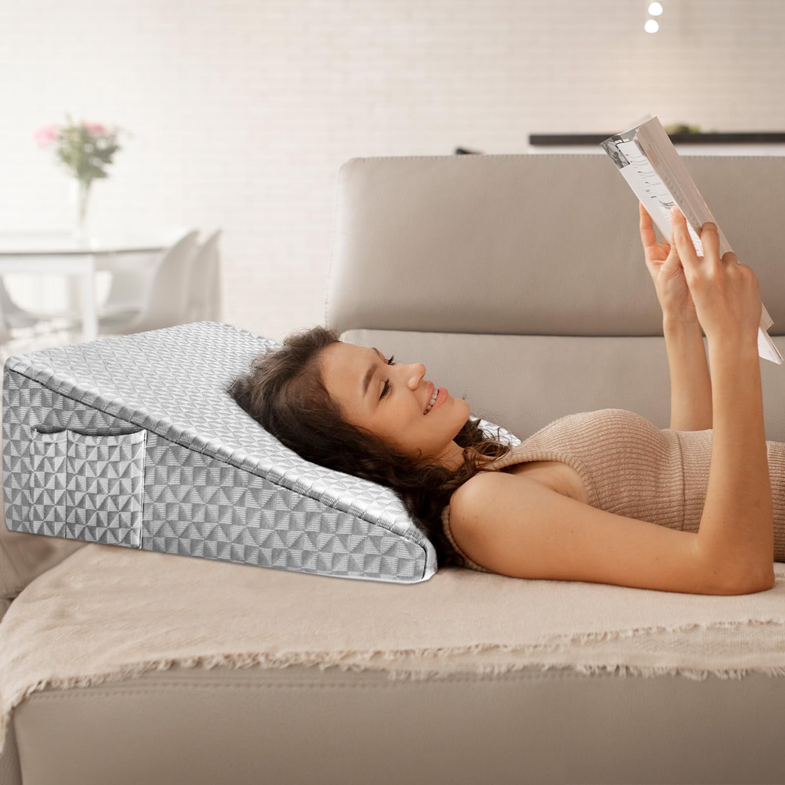 12" Wedge Pillow For Sleeping  Bed After Memory Foam Triangle Incline Support Leg Elevation (light Grey)