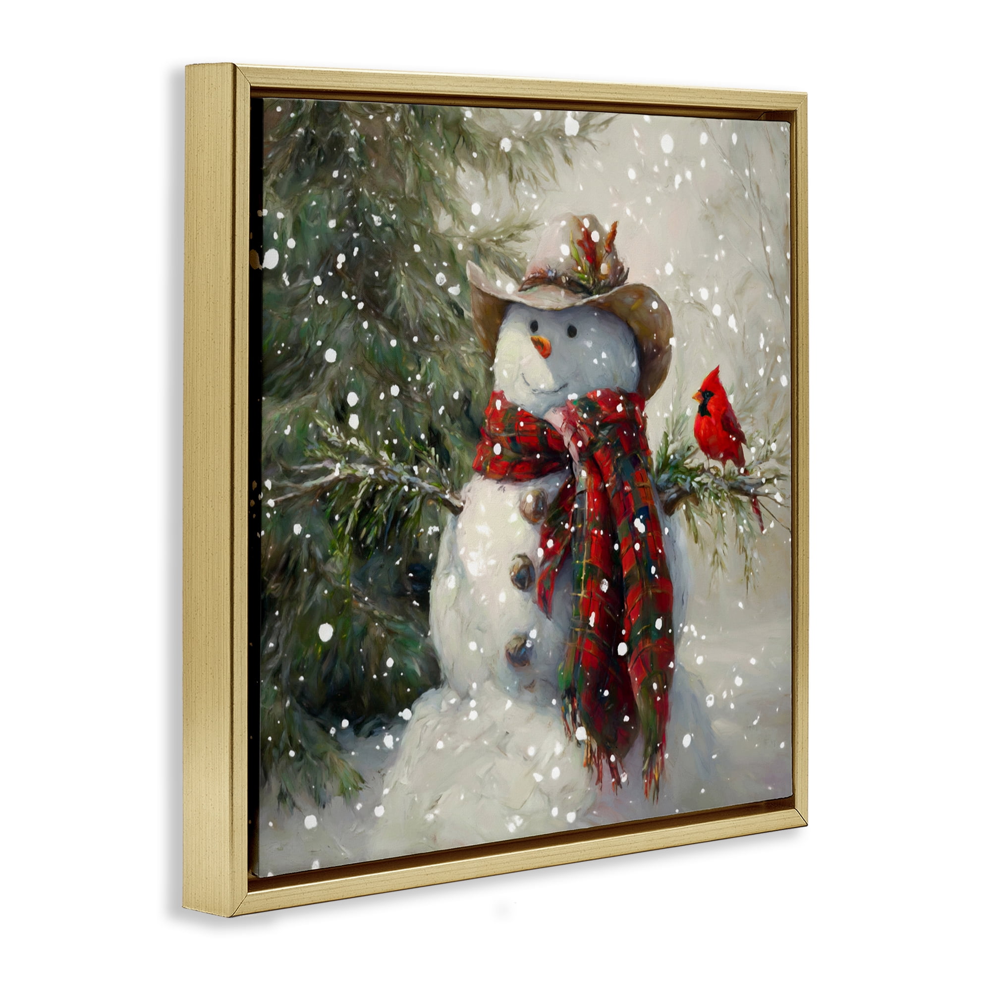 Stupell Industries Cowboy Snowman & Cardinal Gold Framed Floater Canvas Wall Art, design by Tina LeCour
