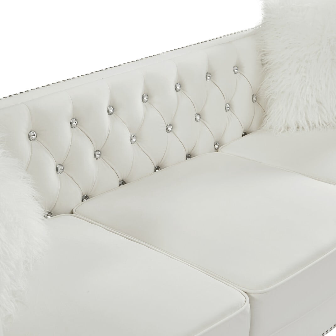 Modern Velvet Upholstered Loveseat Sofa with 2 Plush Pillows, Leisure 2-Seater Couch with Crystal Feet and Buckle, Lounge Sofa for Living Room, Bedroom, Office, Apartment, Beige