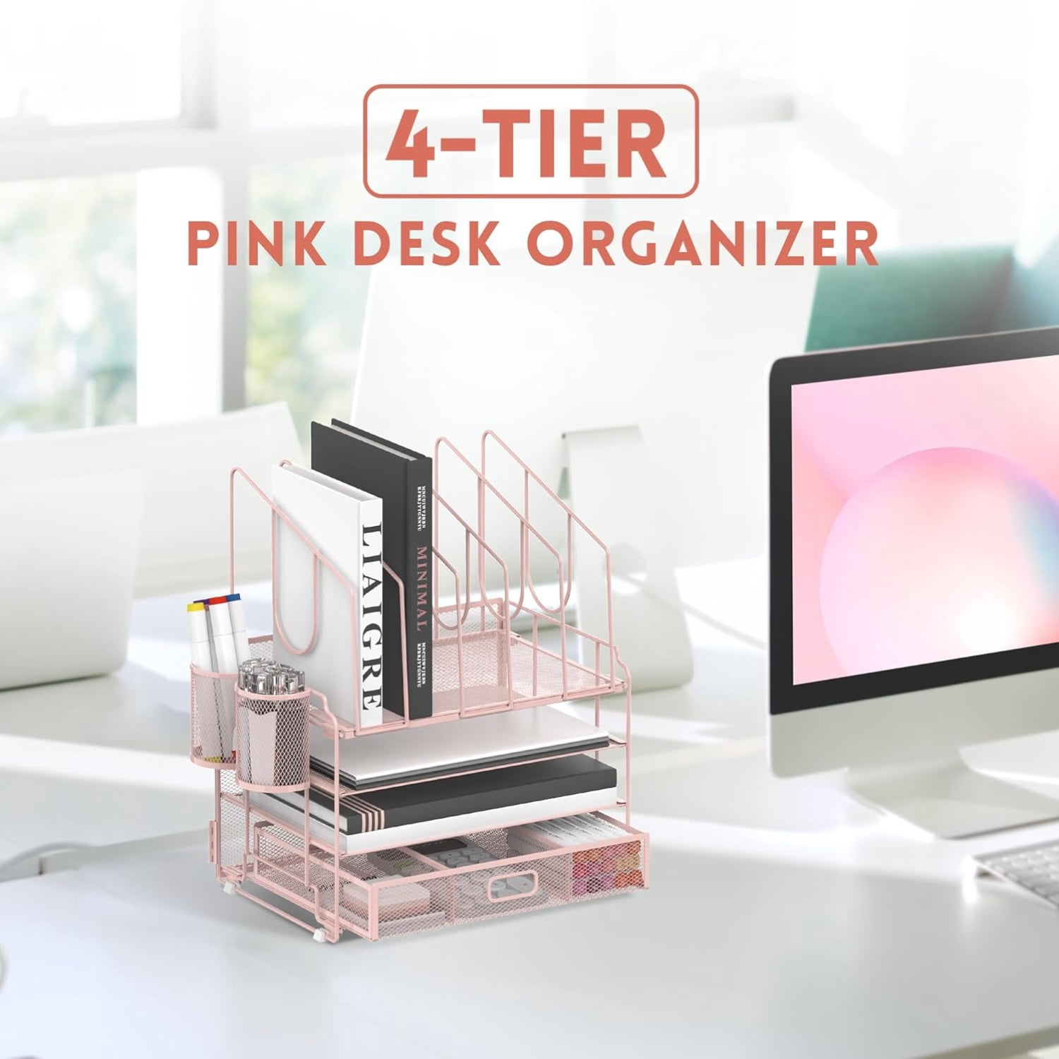 INTIGE 4-Tier Metal Desk Organizer with Drawer, 5 Vertical File Holders and 2 Pen Holders, Pink, 1 Pcs