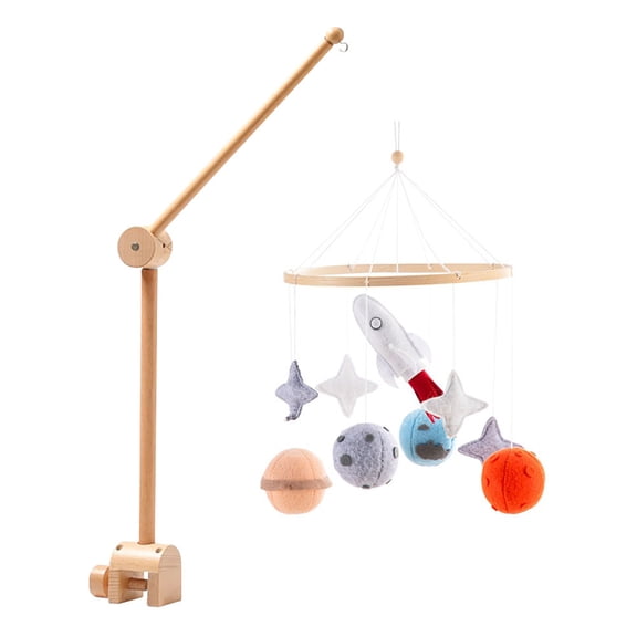 Planet Crib Bell for Babies, Wooden Rotating & Swaying Bed Rattle with Stars, Rocket & Planet Pendants for Infant Nursery Decoration