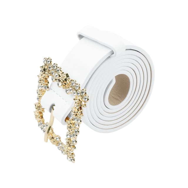 Cinturones de hebilla de rhinestone para mujeres INSPIRE CHIC, cinturón de cintura de cuero sintético decorativo y elegante para jeans, pantalones y vestidos 41.3x1.1" blanco