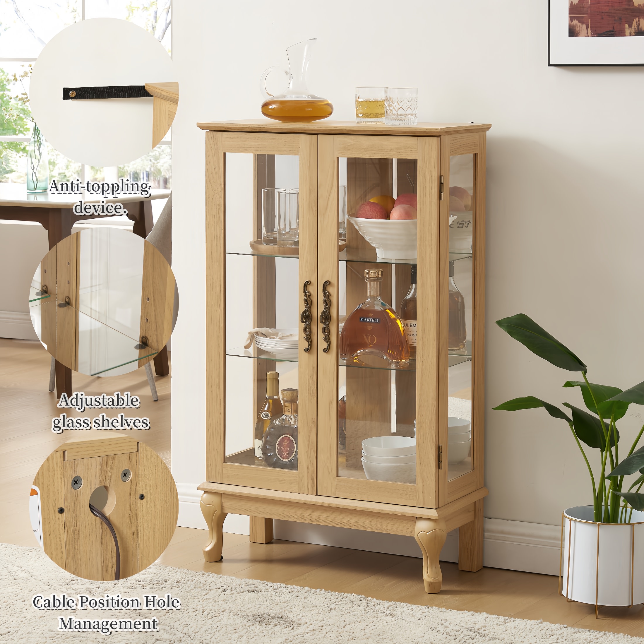 Noble House Elshore Lighted Curio Cabinet, 2-Door Glass Display with Mirrored Back, Adjustable Shelves, Light Oak