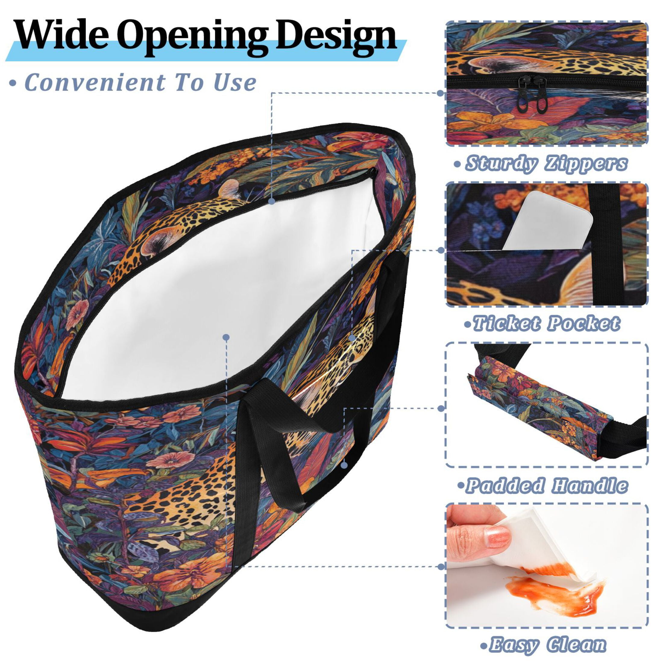 Large Hand-held Ice Pack Picnic Bag Insulation and Refrigeration Suitable for Shopping Picnics and Camping Colorful Flowers and Jaguars
