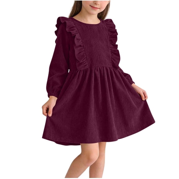 HAiming Corduroy Dresses for Girls Long Sleeve Crew Neck Solid Color A-Line Ruffle School Uniform Dress