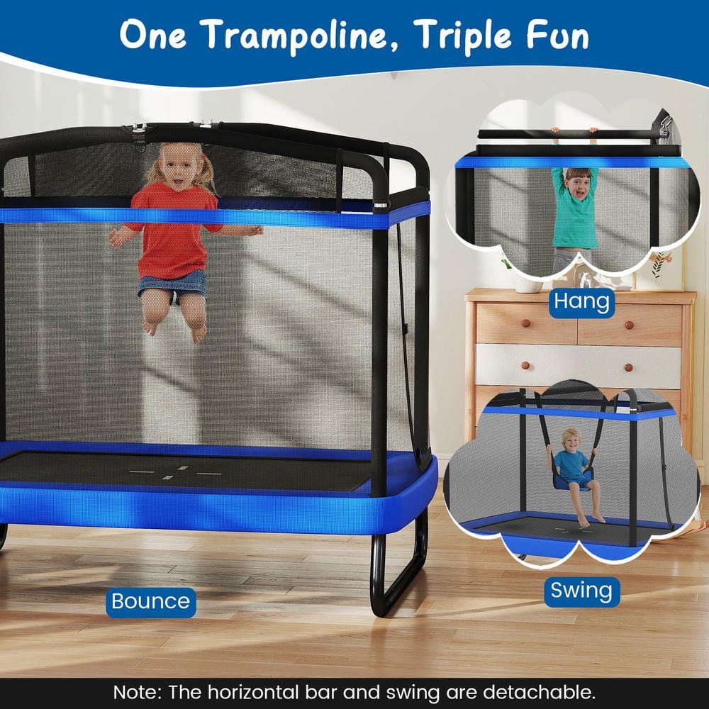 Resenkos 6 FT Kids Rectangle Trampoline with Swing & Horizontal Bar - Compact Indoor Outdoor Play Equipment - Blue