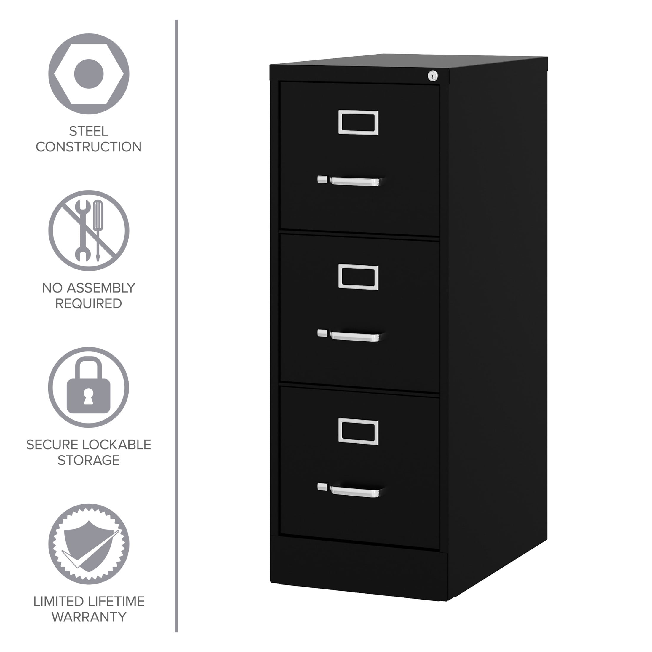 Hirsh 3 Drawer Letter Locking Metal Vertical File Cabinet, 22" Deep, Black