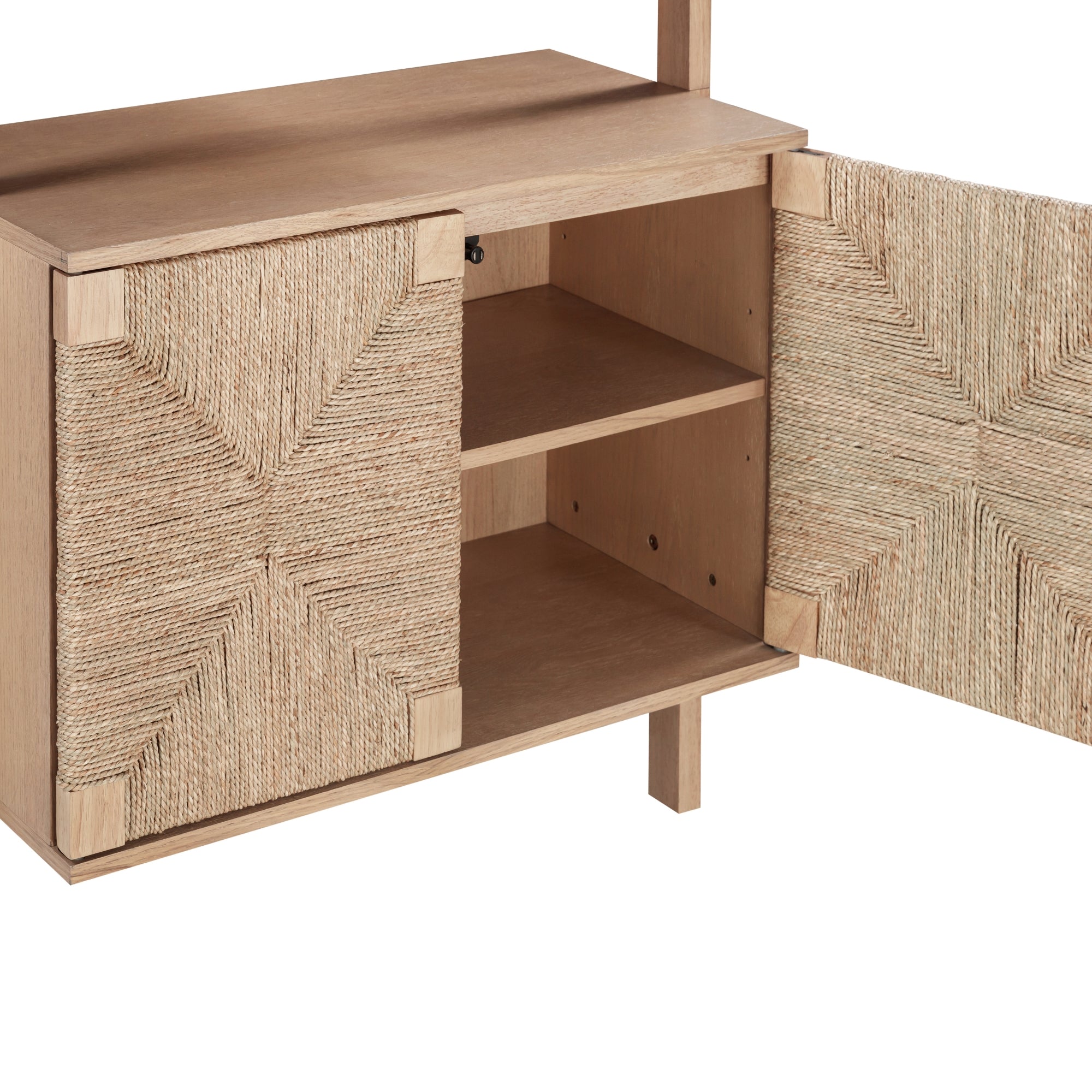 Nathan James Beacon 3-Shelf Bookcase with Seagrass Cabinet, Solid Wood Bookshelf with Storage with Solid Wood Frame, Seagrass/Raw Oak