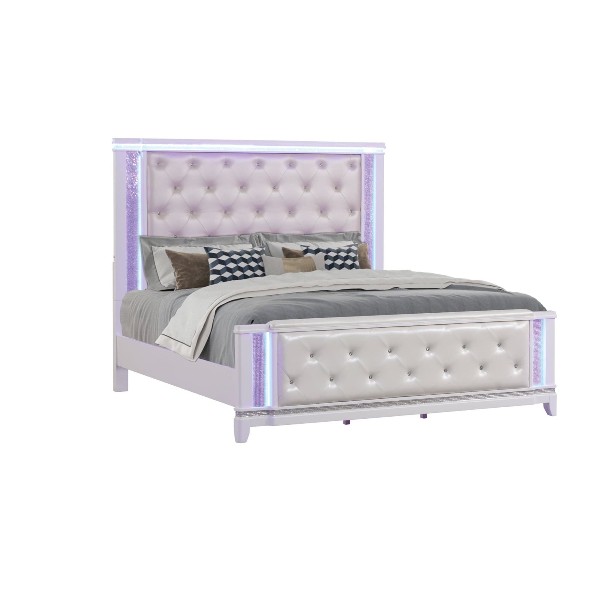 Opium luxurious tufted design, LED-lit panels, and contemporary glam Queen Bed in Milky White