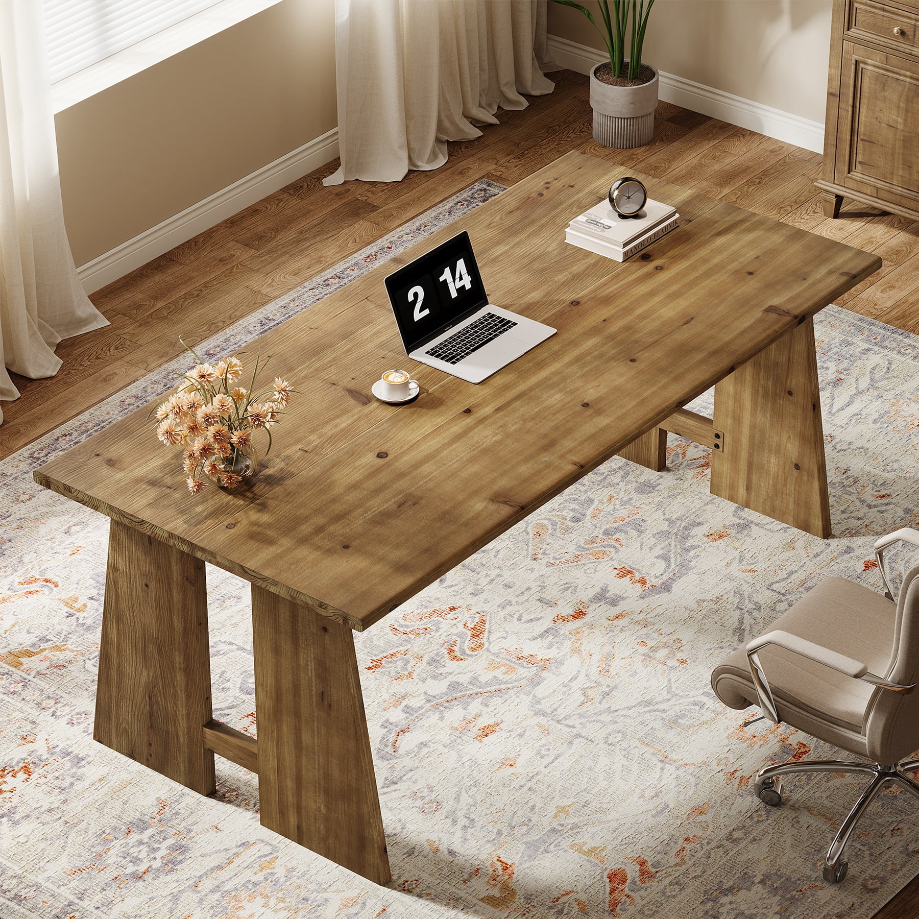 Finmind Farmhouse Solid Wood Executive Desk, 70.9-Inch Long Rectangular Computer Desk with Sturdy Wooden Legs for Home Office Meeting Room,Brown