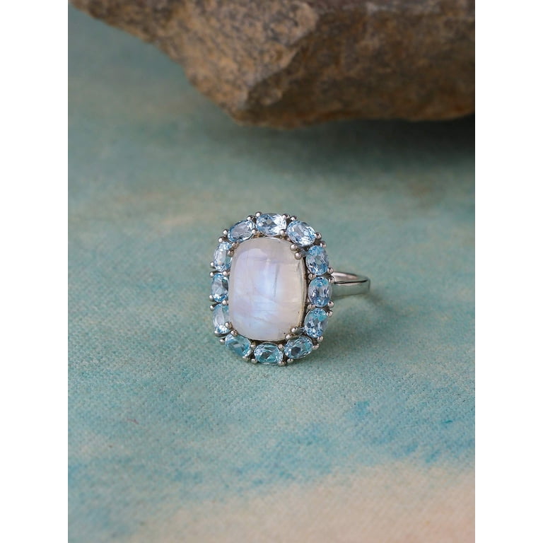 YoTreasure 9.66 Ct. Rainbow Moonstone & Sky Blue Topaz Sterling Silver Cluster Ring For Women