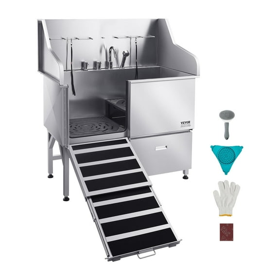 VEVOR Stainless Steel Dog Washing Station, 50 inch Pet Grooming Tub w/ Ramp, Faucet & Showerhead & Soap Holder Leash Dog Bathtub(Left Door)