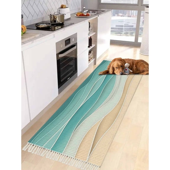 Turquoise Entryway Runner Rug 2x4ft,Ocean Wave Stripes Modern Abstract Beach Washable Woven Living Room Hallway Bedroom Kitchen Carpet with Tassels,Indoor Outdoor Throw Door Mat for Entryway