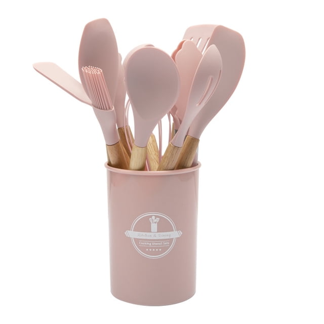 Juego de 12 utensilios de cocina con mango de madera de silicona, utensilios de cocina anticalor, pala para wok, cuchara de silicona, utensilios de cocina de silicona