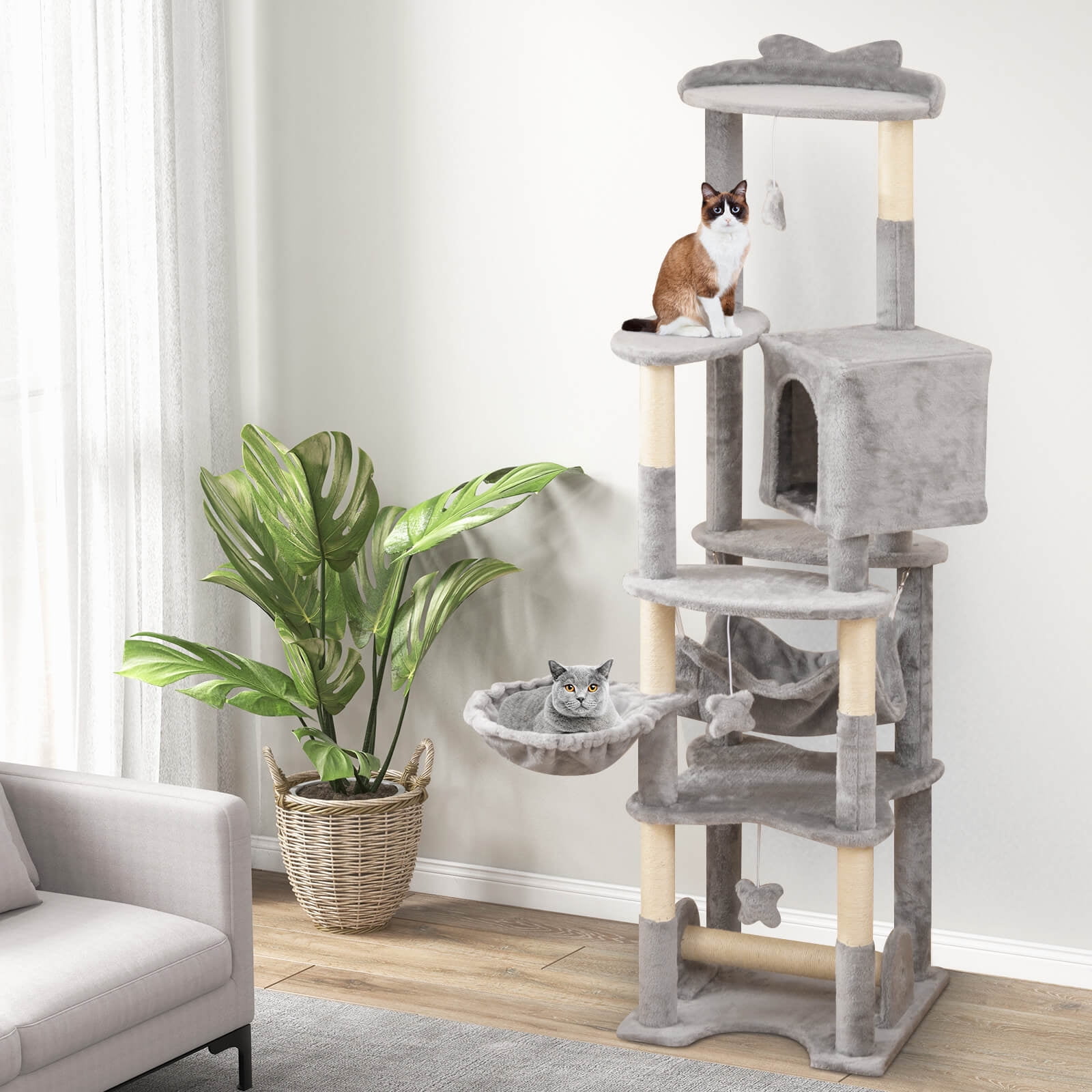 Infans 69" Tall Cat Tree w/ Top Perch Cozy Condo Basket Bed Hammock Basket Bed Indoor