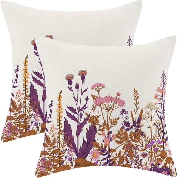 Purple and Pink Pillow Covers 16x16 Inch Set of 2, Spring Wildflower Plant Throw Pillows Case,Seasonal Floral Outdoor Decorative Flowers Farmhouse Decor Cushion Covers for Home Sofa Bed Couch
