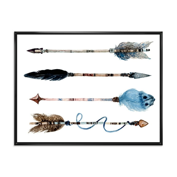 Designart 'Flowers and Ethnic Feathers On Native Arrows IV' Bohemian & Eclectic Framed Canvas Wall Art Print