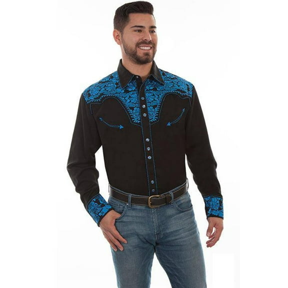 Scully P-634-ROY-XXL Floral Tooled Embroidery Mens Western Shirt, Royal - 2XL