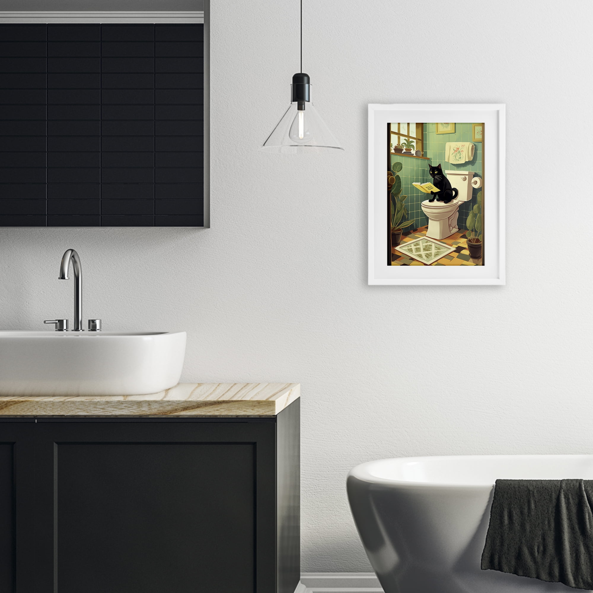 Cat Reading On Toilet White Framed Print Under Glass, design by Andreas Magnusson