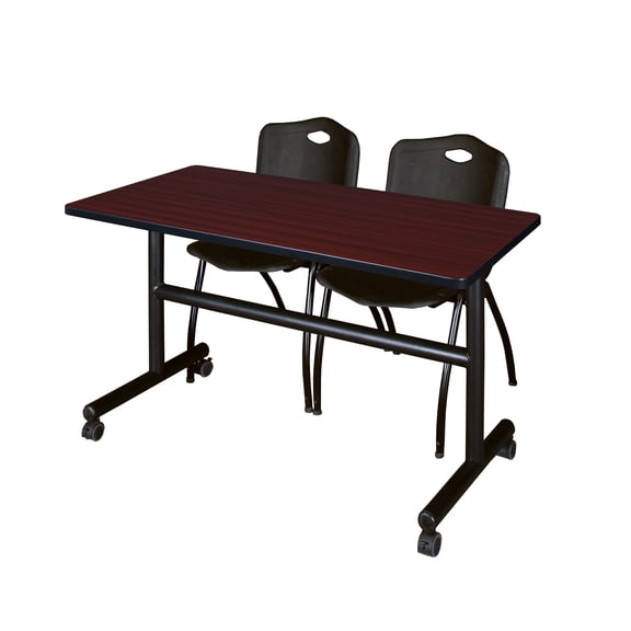 Regency Kobe 48 x 30 in. Flip-Top Training Nesting Table- Mahogany, 2 M Stack Chairs- Black