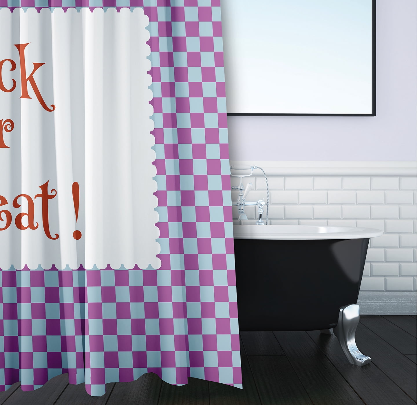 Simply Daisy 70" W x 73" L Halloween Trick or Treat Checks Polyester Shower Curtain, Orchid [1 Ct]