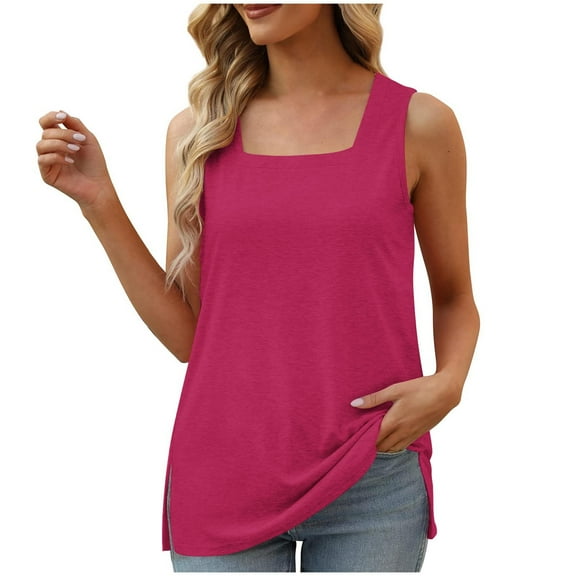 ZQGJB Summer Tank Tops for Women Trendy Solid Color Square Neck Loose Fit Casual Fashion Flowy Sleeveless Tunic Tees Shirt Cotton Blouse Hot Pink XXXXL