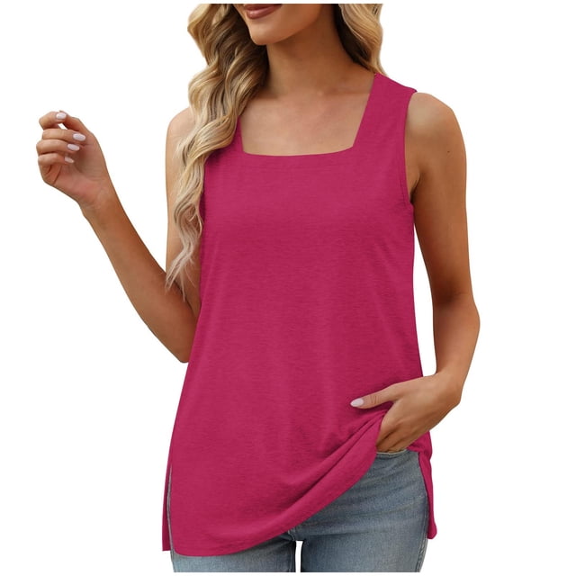 UPPADA Womens Square Collar Tank Top Ruffled Color Block Striped Tank Tees Summer Casual Loose Fit Sleeveless Shirt Square Neck Tank Top Casual Flowy Beach Tops Hot Pink,XL